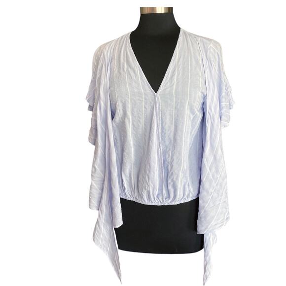 Umgee Pale Lavender Wrap Front Top Stripes Tiered Bell Sleeves Hi-Low SMALL Boho - Picture 2 of 9